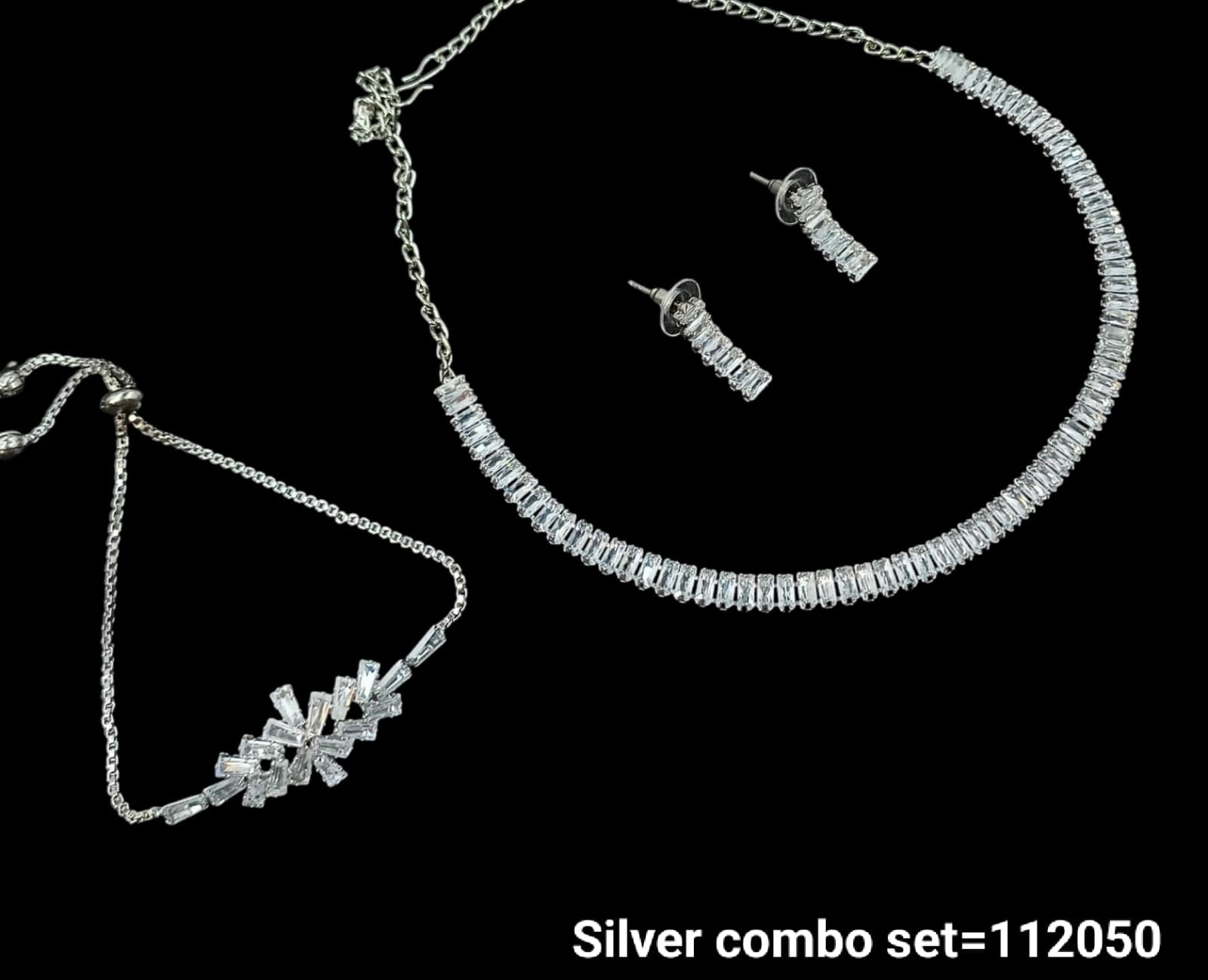 Elegant Silver Jewelry Combo Set – Sparkling Necklace, Earrings & Geometric Design Bracelet